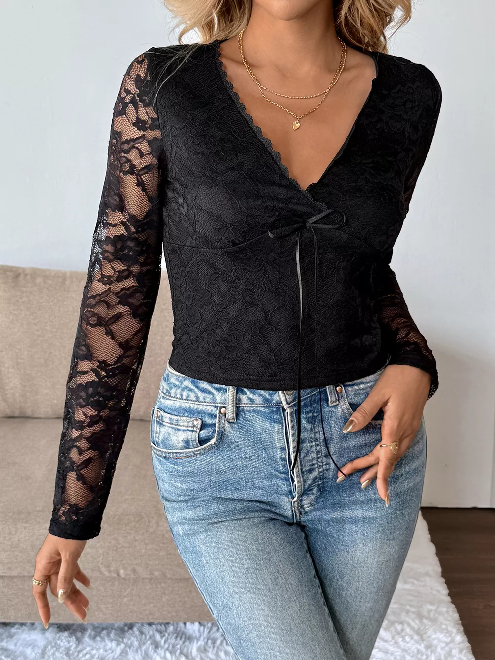 Long Sleeve Floral Lace Mesh Cropped Top, image 5