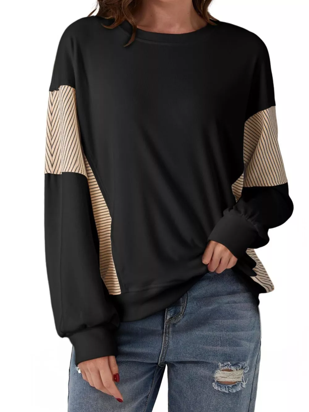 Striped Round Neck Long Sleeve Sweatshirt, image 9