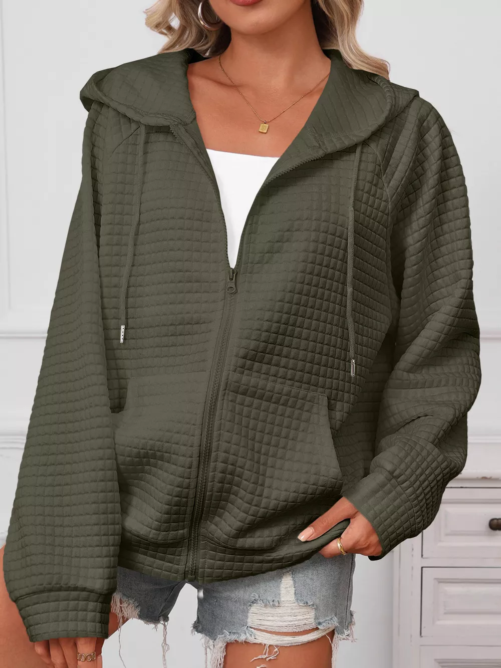 Full Size Textured Quilted Zip-Up Hooded Jacket Plus Size, image 14