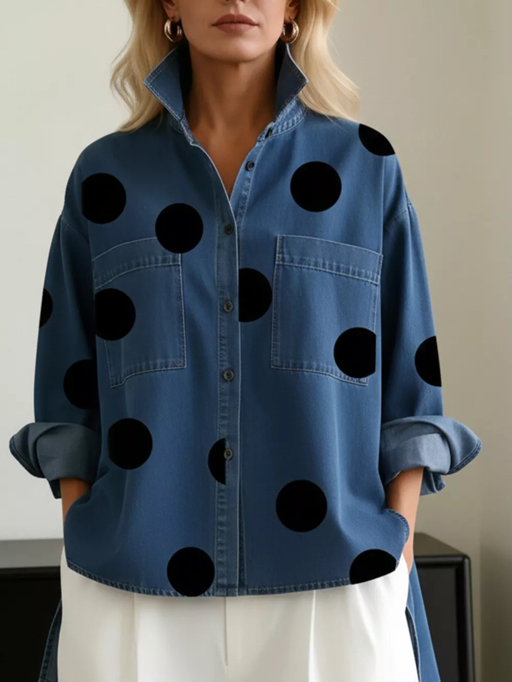 Full Size Polka Dot Oversized Denim Look Shirt Plus Size