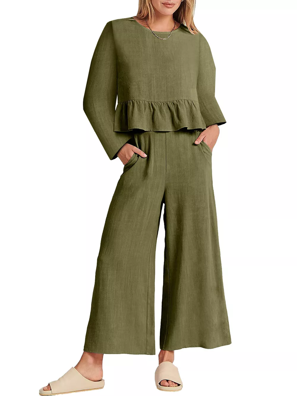 Full Size Ruffled Hem Long Sleeve Top and Pants Set Plus Size, image 15
