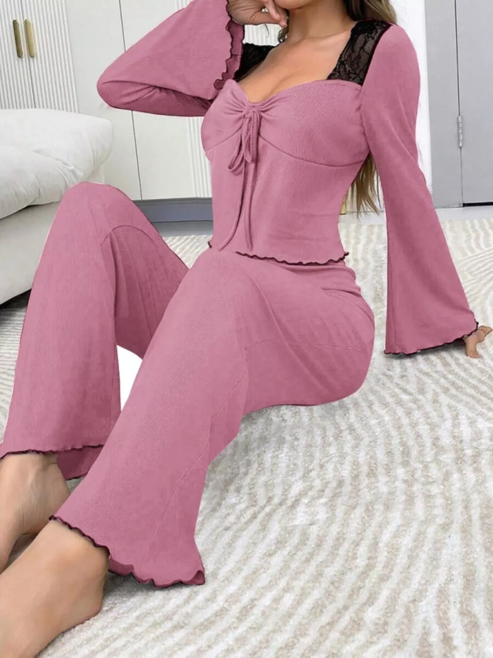 Lace Detail Flare Sleeves Top and Pants Lounge Set, image 4