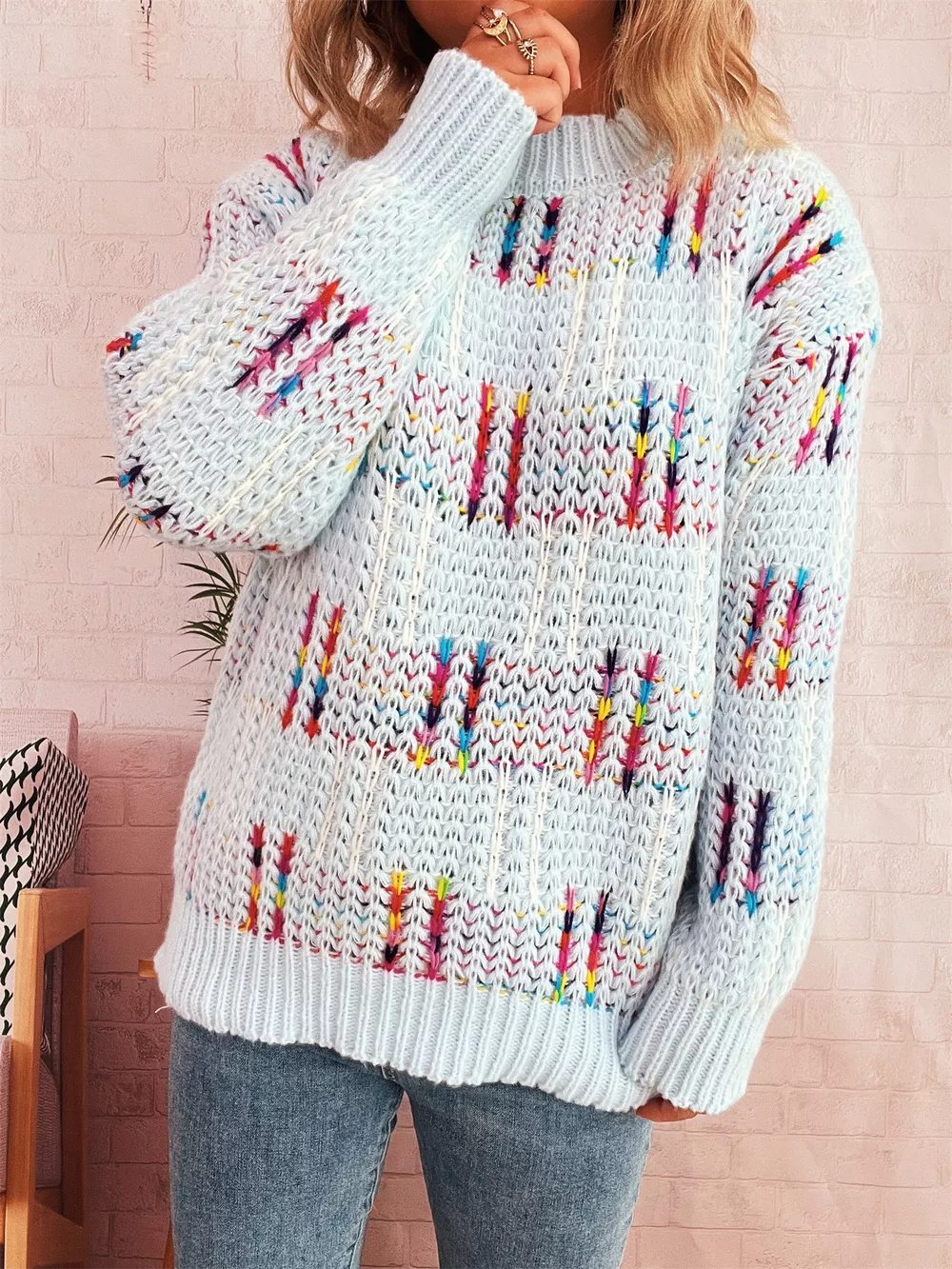 Colorful Round Neck Long Sleeve Sweater, image 7