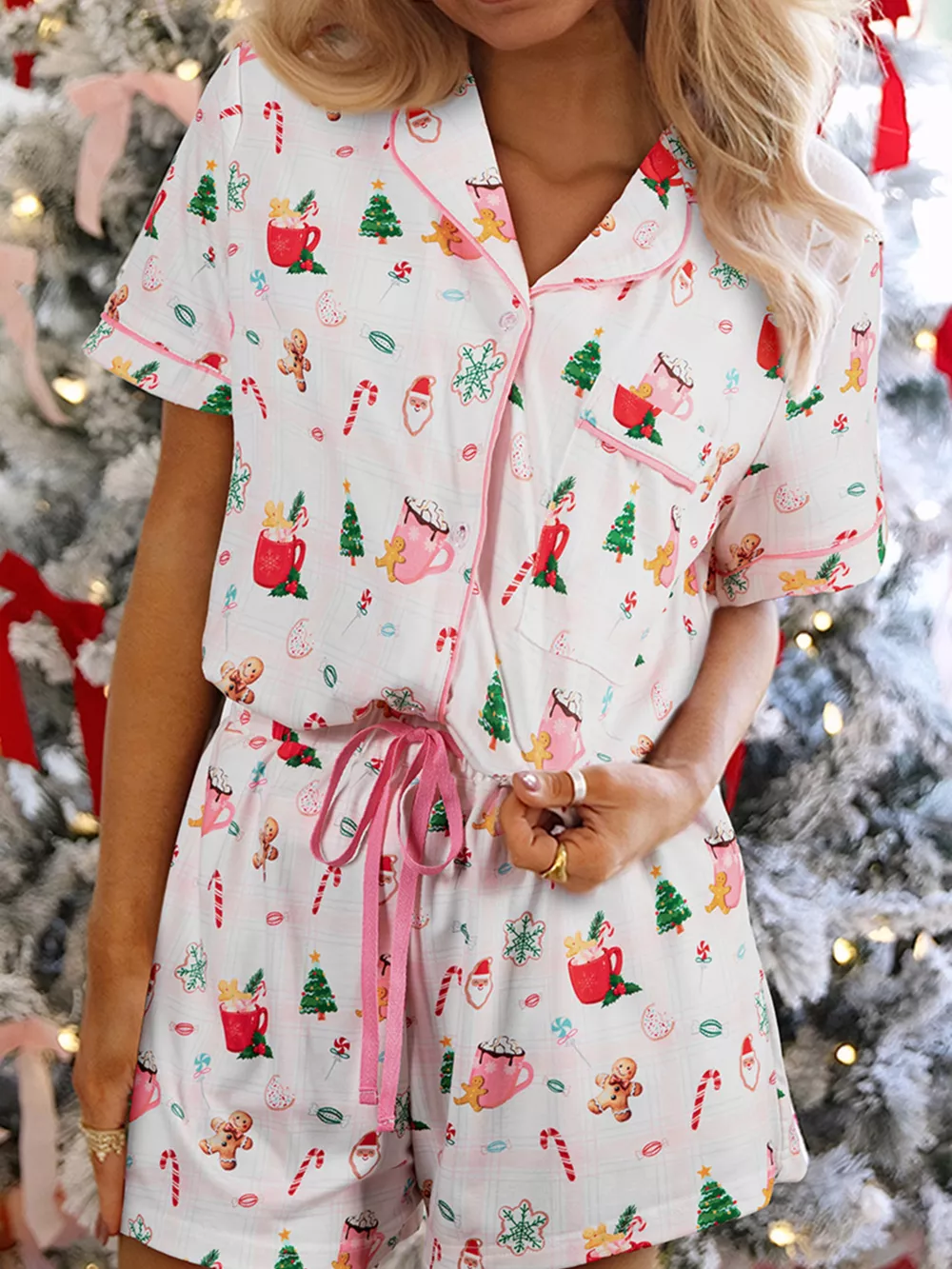 Christmas Print Button Up Top and Shorts Lounge Set, image 2