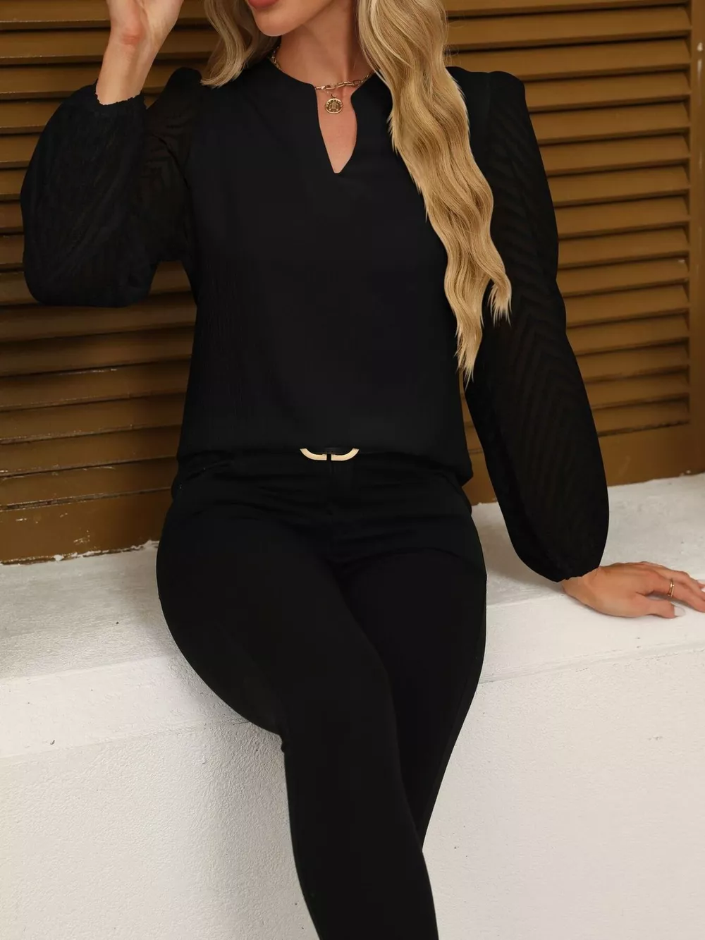 Notched Balloon Sleeve Blouse