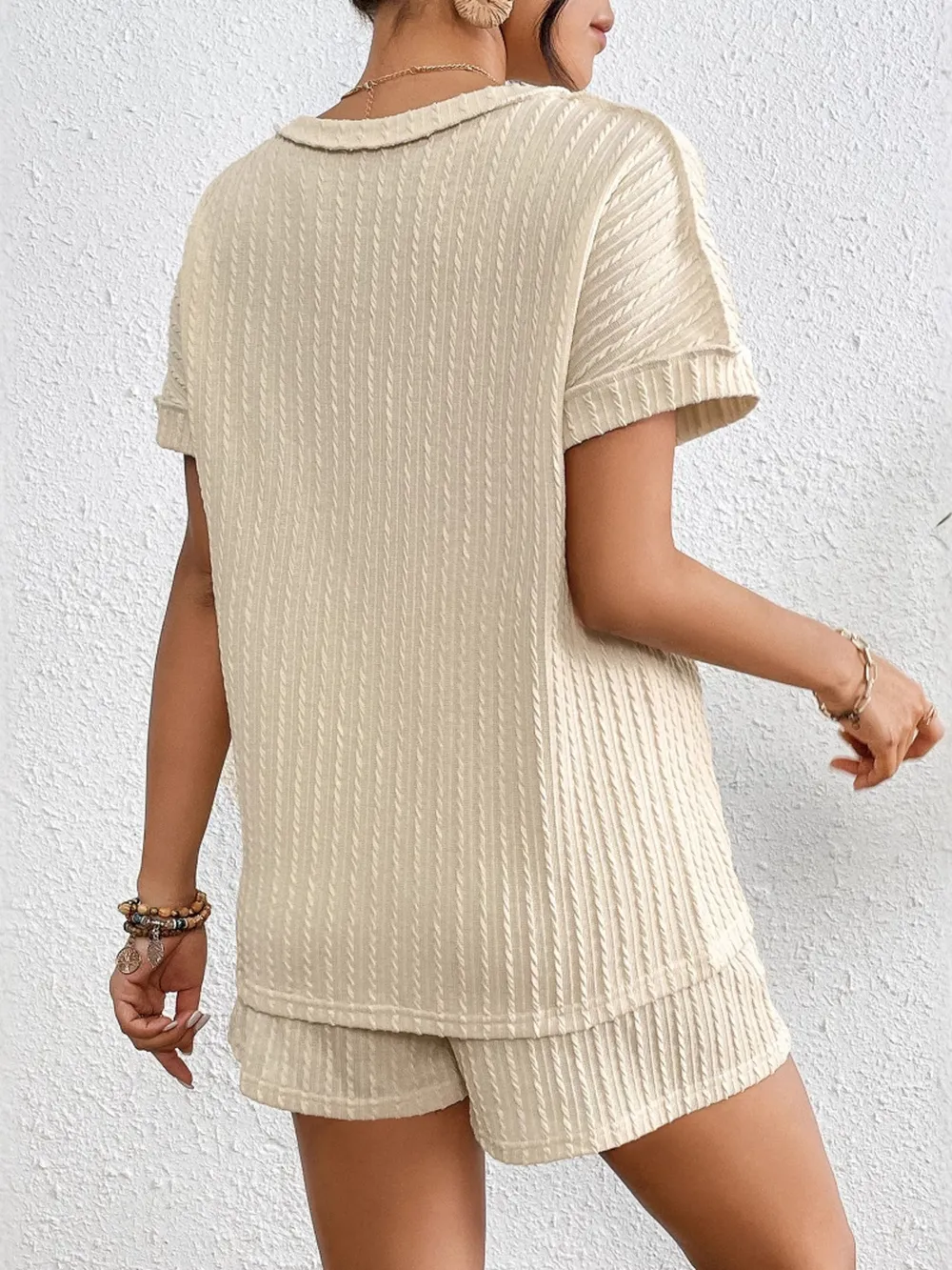 Texture Round Neck Top and Shorts Lounge Set, image 2