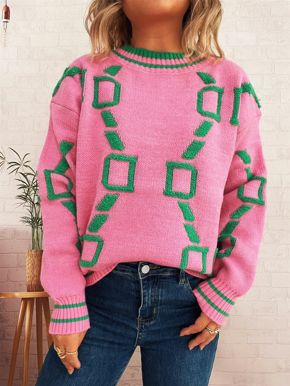 Contrast Round Neck Long Sleeve Sweater, image 4