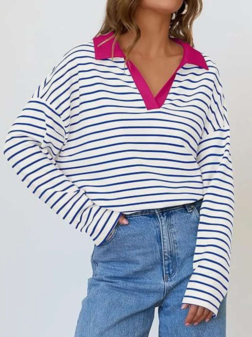 Striped Contrast Collar Long Sleeve Top, image 12