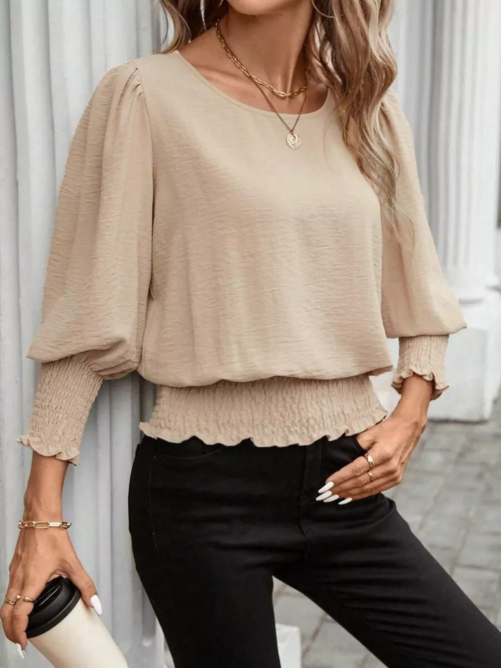 Smocked Waist Round Neck Blouse, image 14