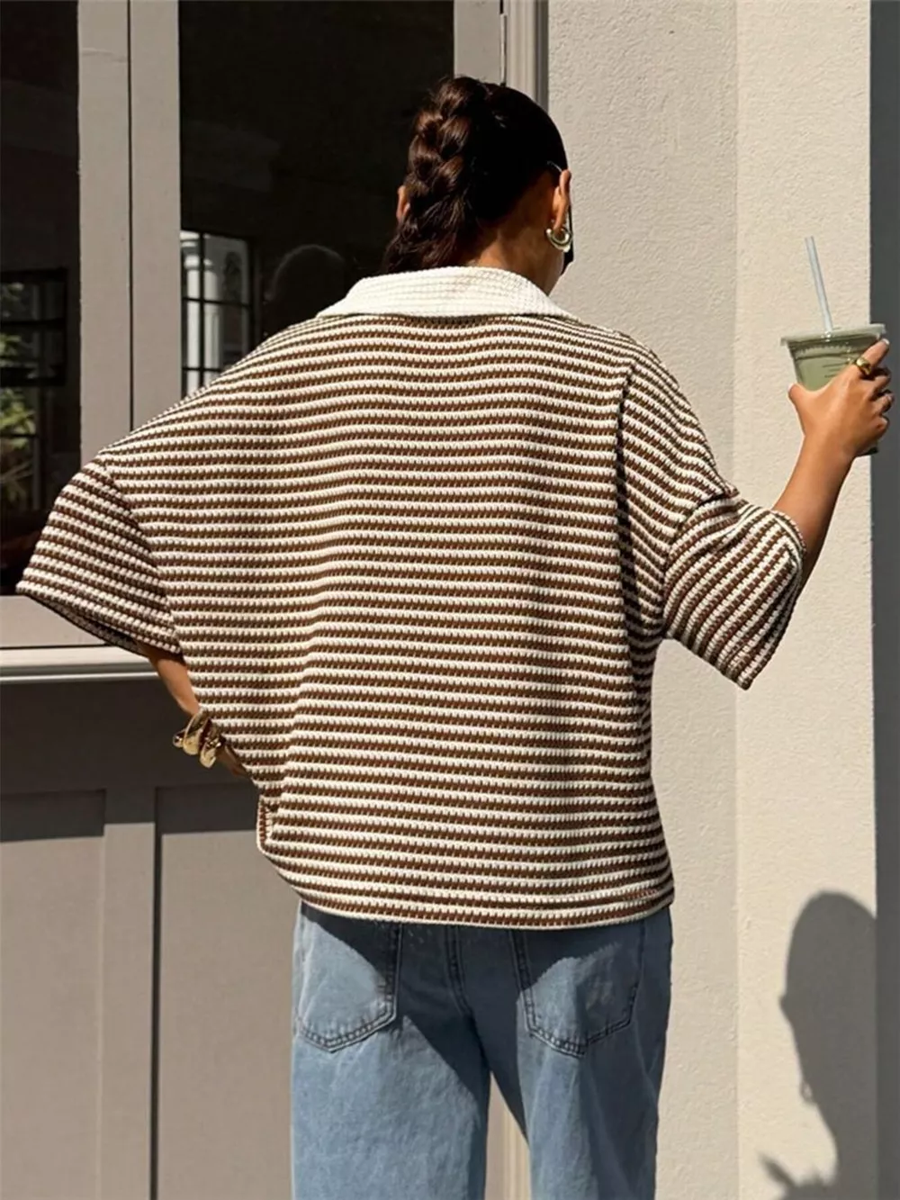 Striped Knit 3/4 Sleeve Polo Top, image 4