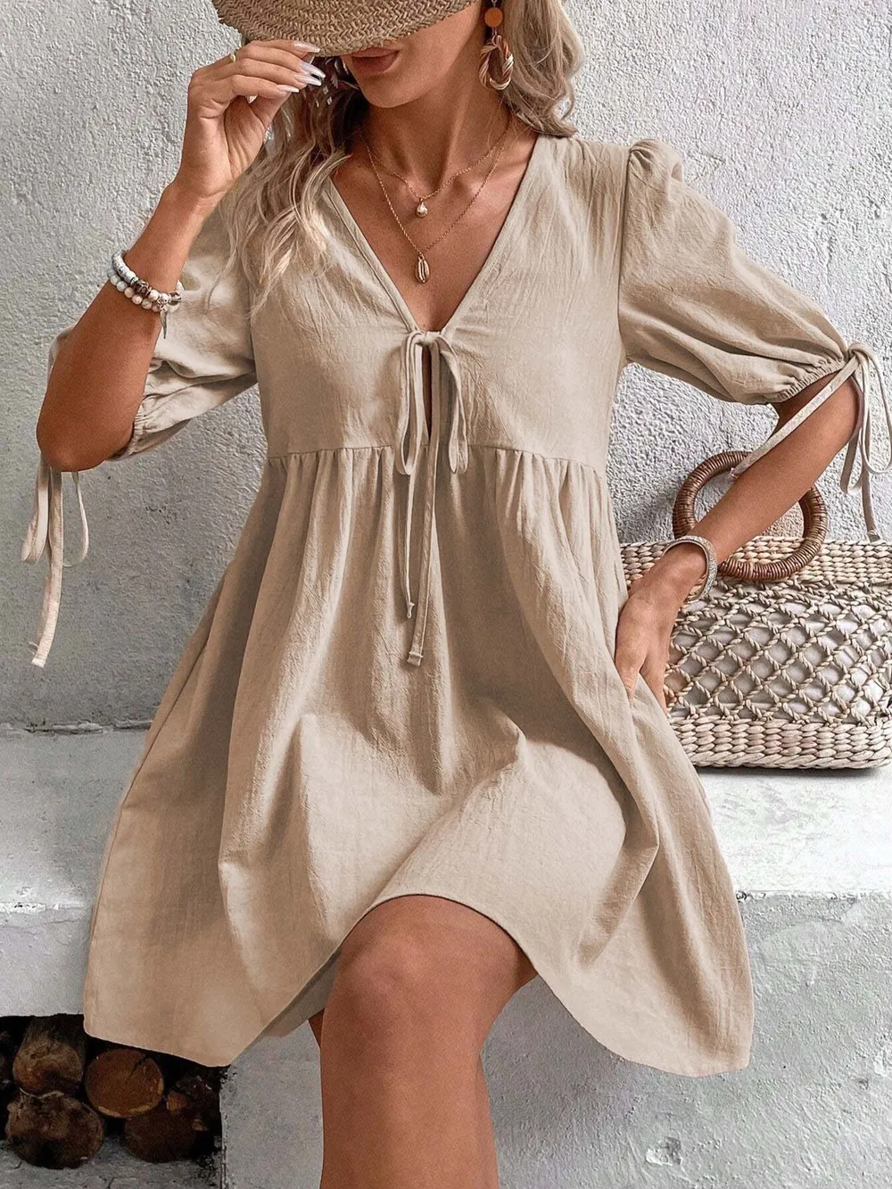 V-Neck Tie-Front Mini Dress with Puff Sleeves, image 9