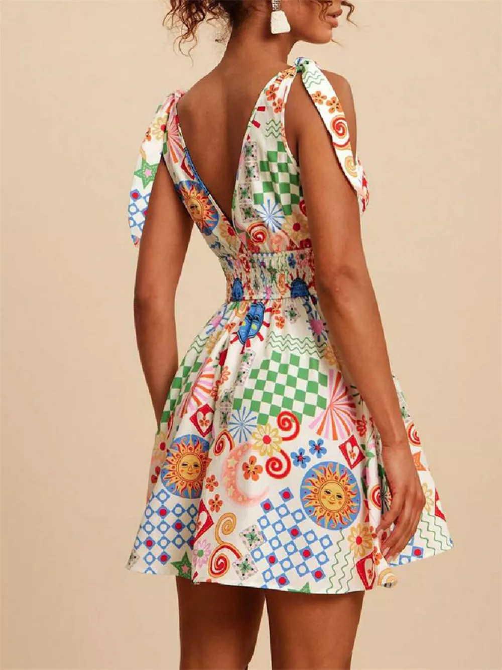 V-Neck Sleeveless Smocked Waist Printed Mini Dress, image 4