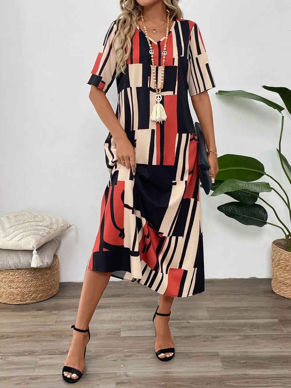 Abstract Geometric Print V-Neck Midi Dress, image 5