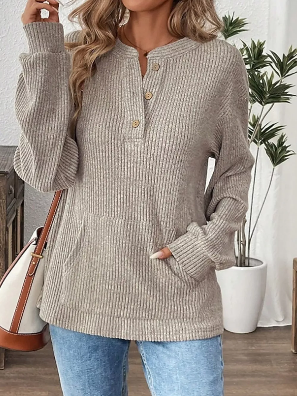 Ribbed Button Detail Long Sleeve T-Shirt, image 9