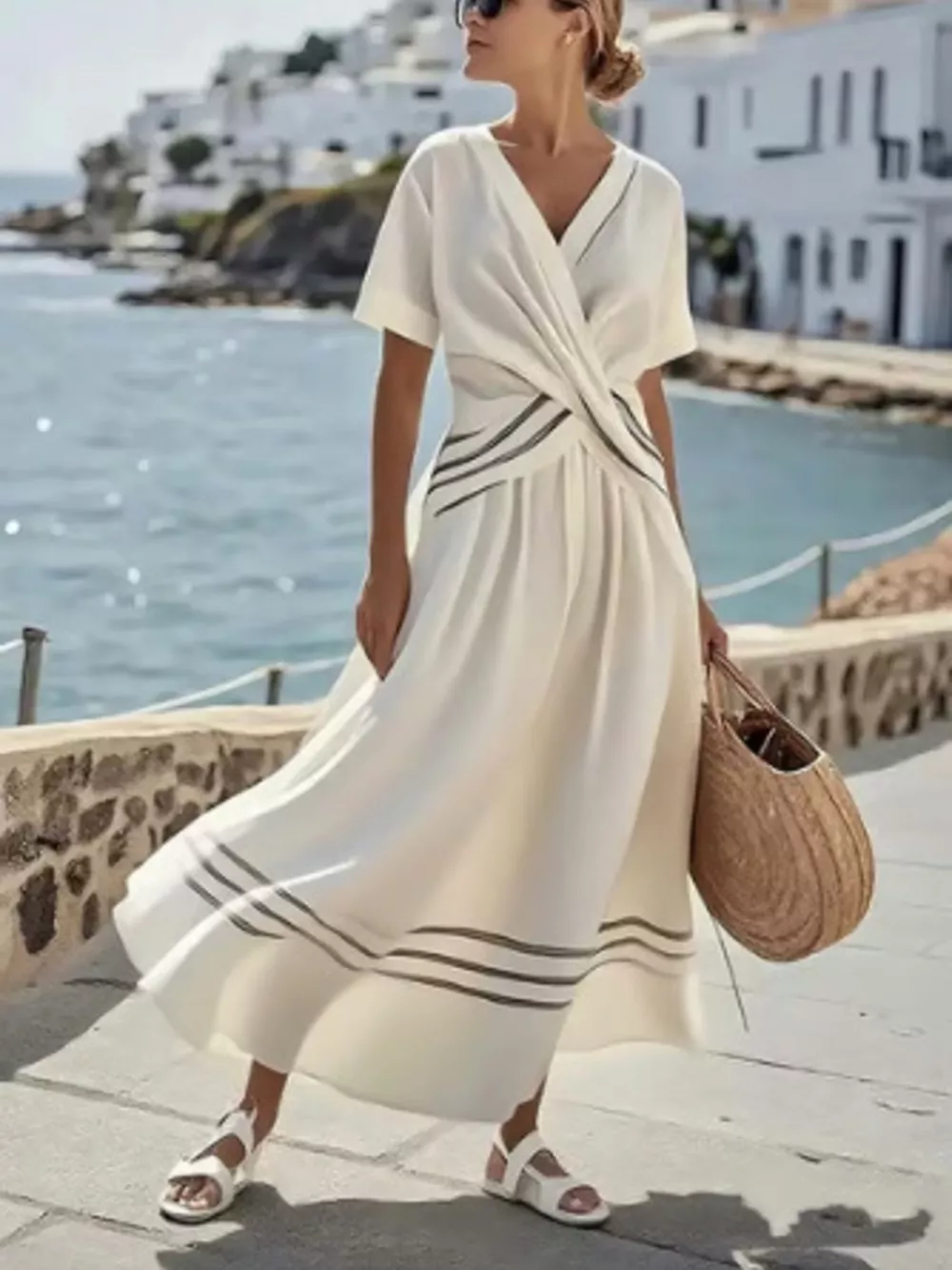 Full Size Striped Surplice Half Sleeve Midi Dress Plus Size, image 16