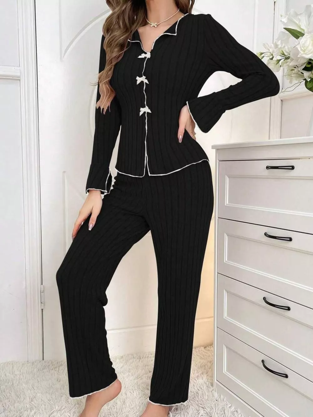 Contrast Bow Detail Top and Pants Lounge Set, image 5