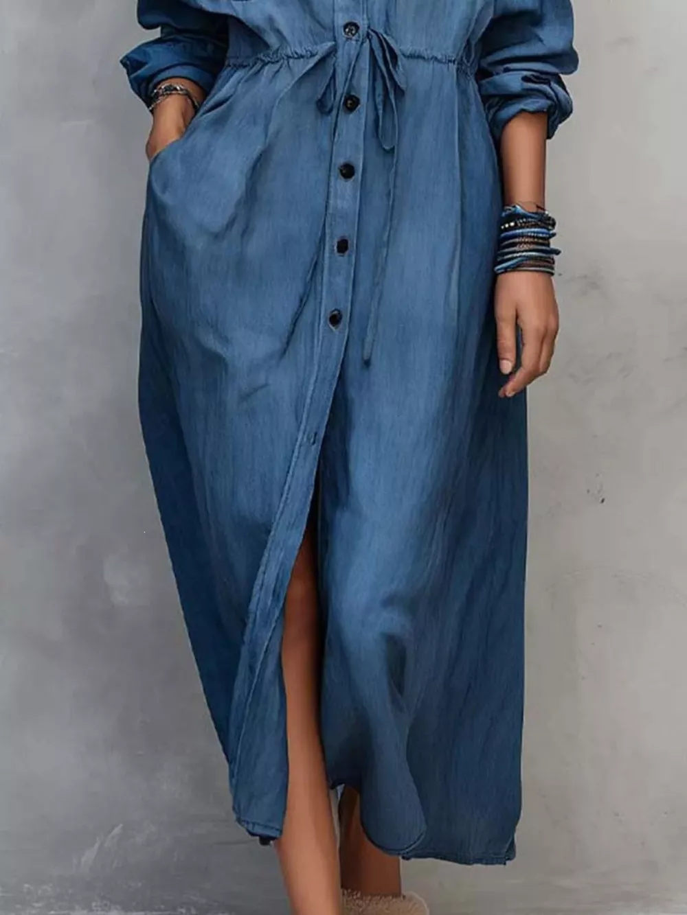 Full Size Button Front Long Sleeve Shirt Dress Plus Size, image 4