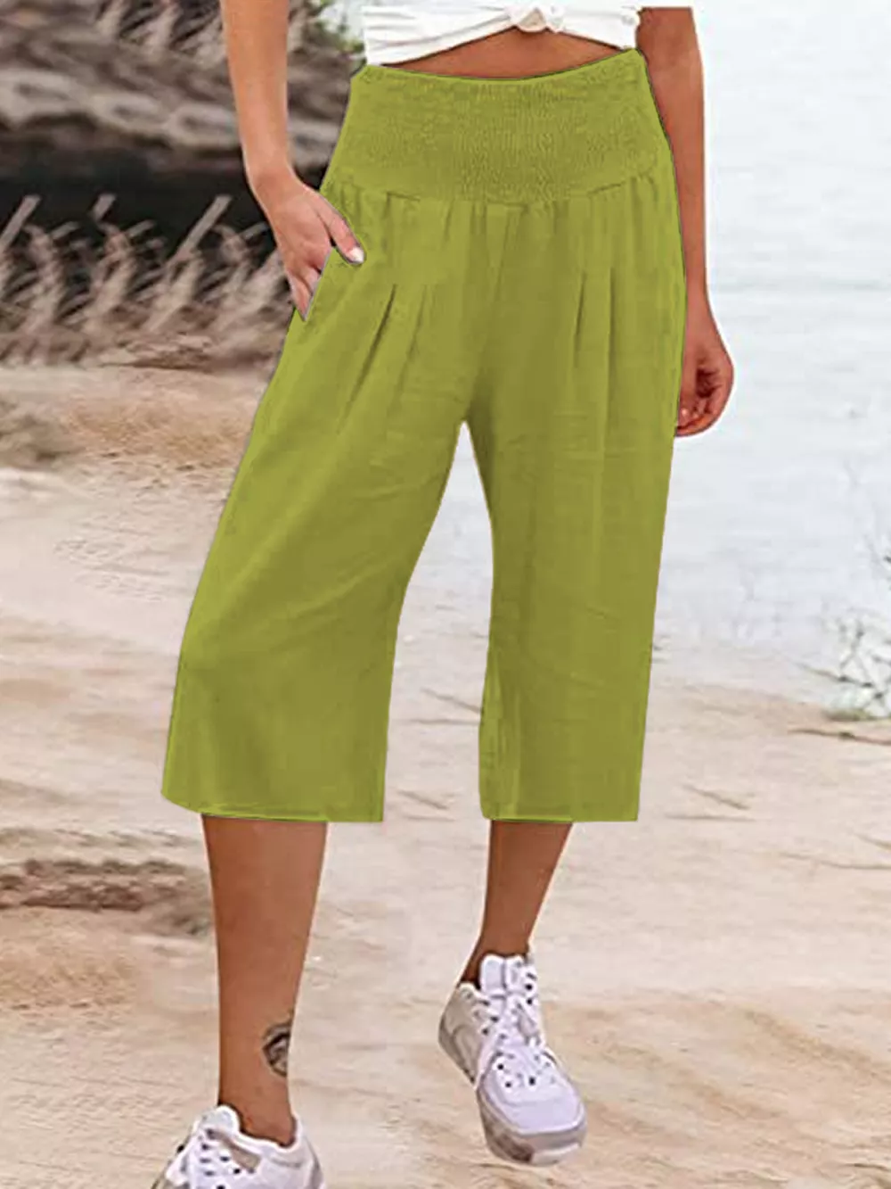 Smocked Wide-Leg Capri Pants, image 19