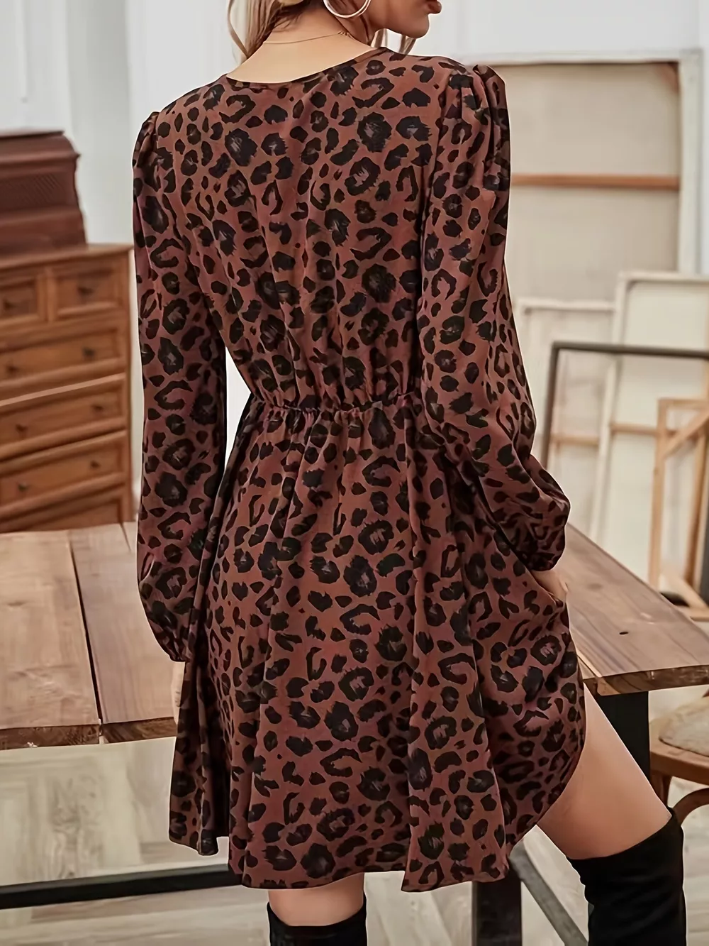 Leopard Print V-Neck Long Sleeve Mini Dress, image 5