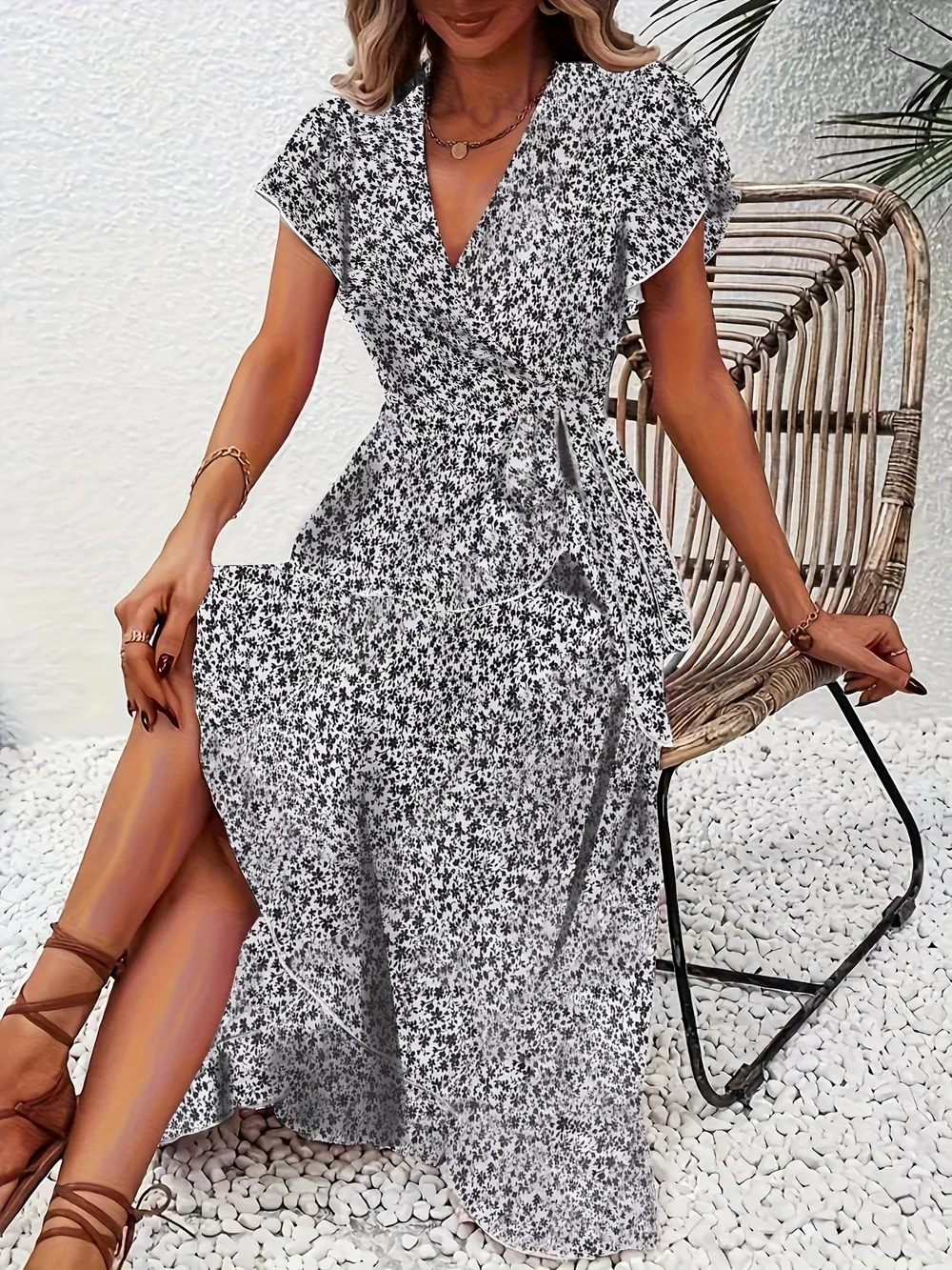 Floral Print Ruffle Hem Wrap Midi Dress, image 10