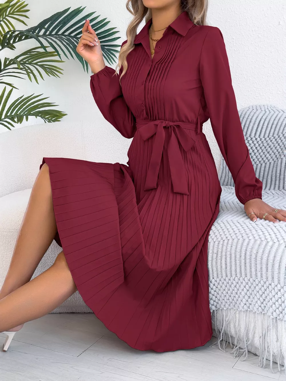 Pleated Tie Waist Balloon Sleeve Dress, image 11