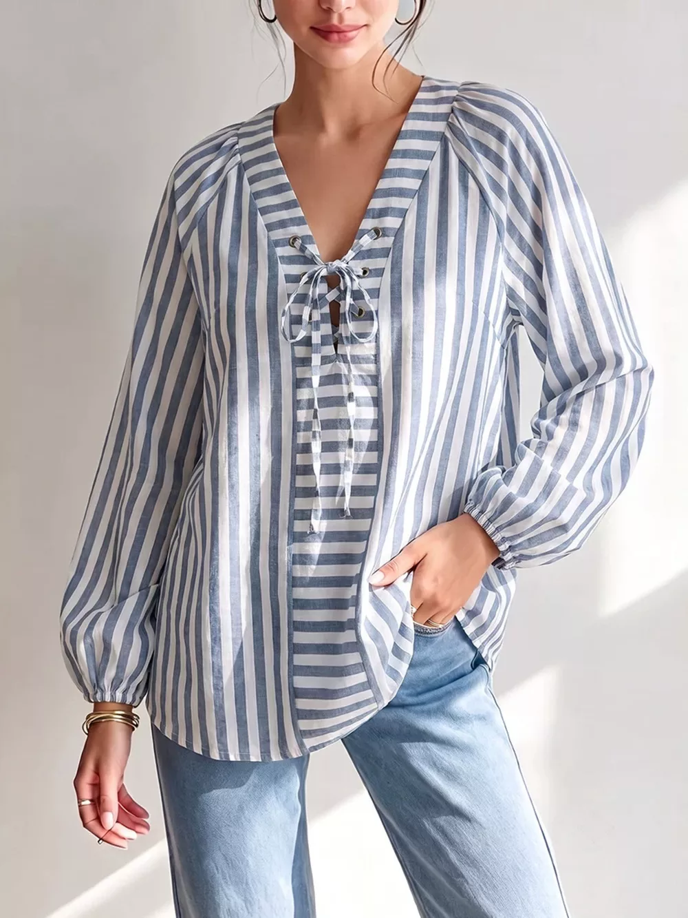 Striped Tie Front Long Sleeve Blouse