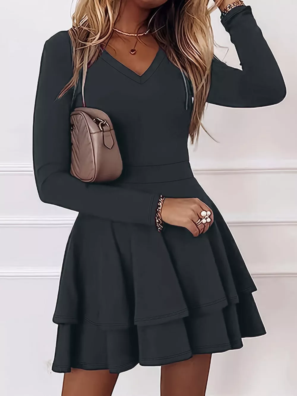 V-Neck Long Sleeve Layered Ruffle Mini Dress, image 13