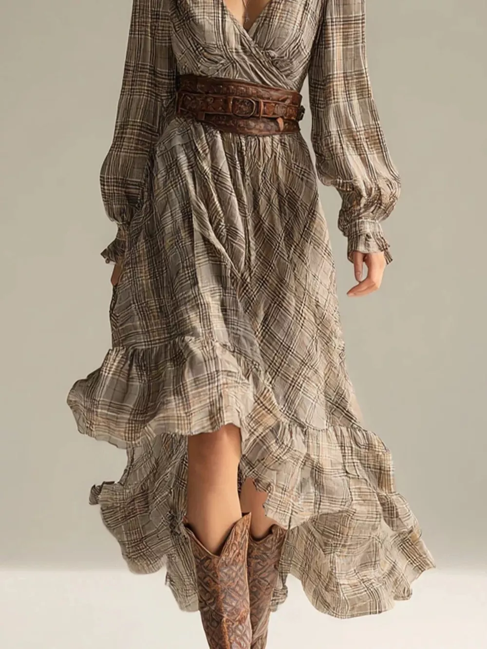Plaid High-Low Long Sleeve Dress, image 3
