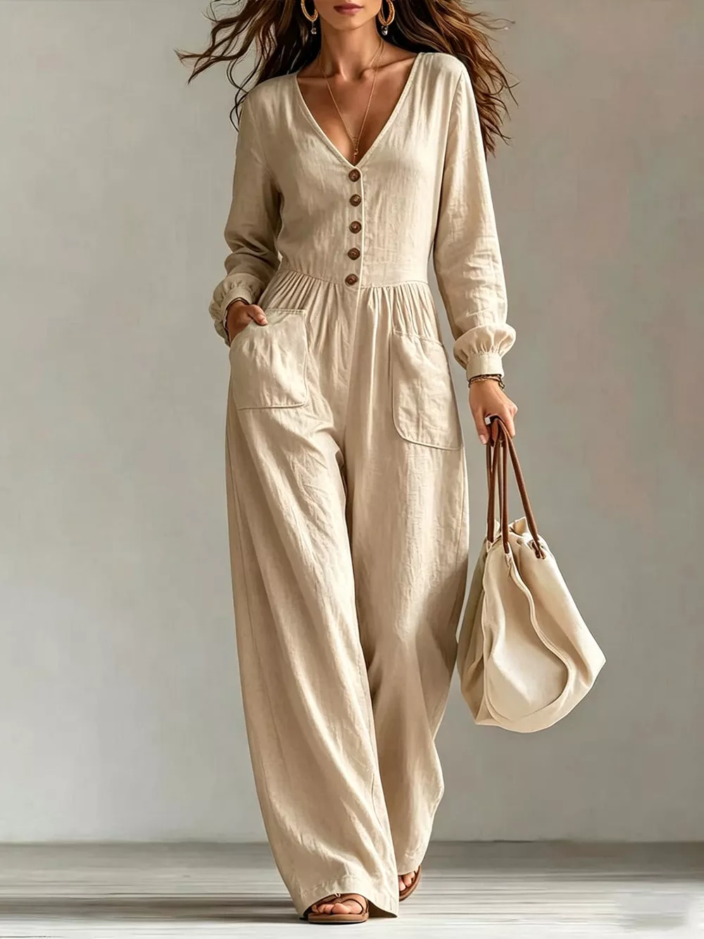 V-Neck Long Sleeve Button Front Wide-Leg Jumpsuit, image 7