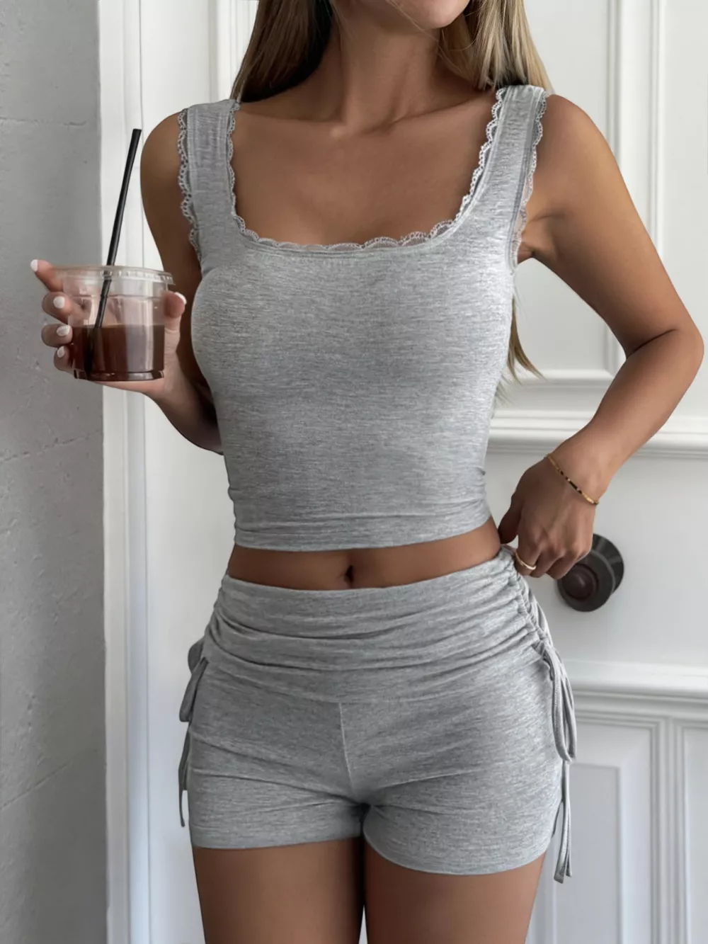 Lace Trim Tank Top and Drawstring Shorts Set, image 2