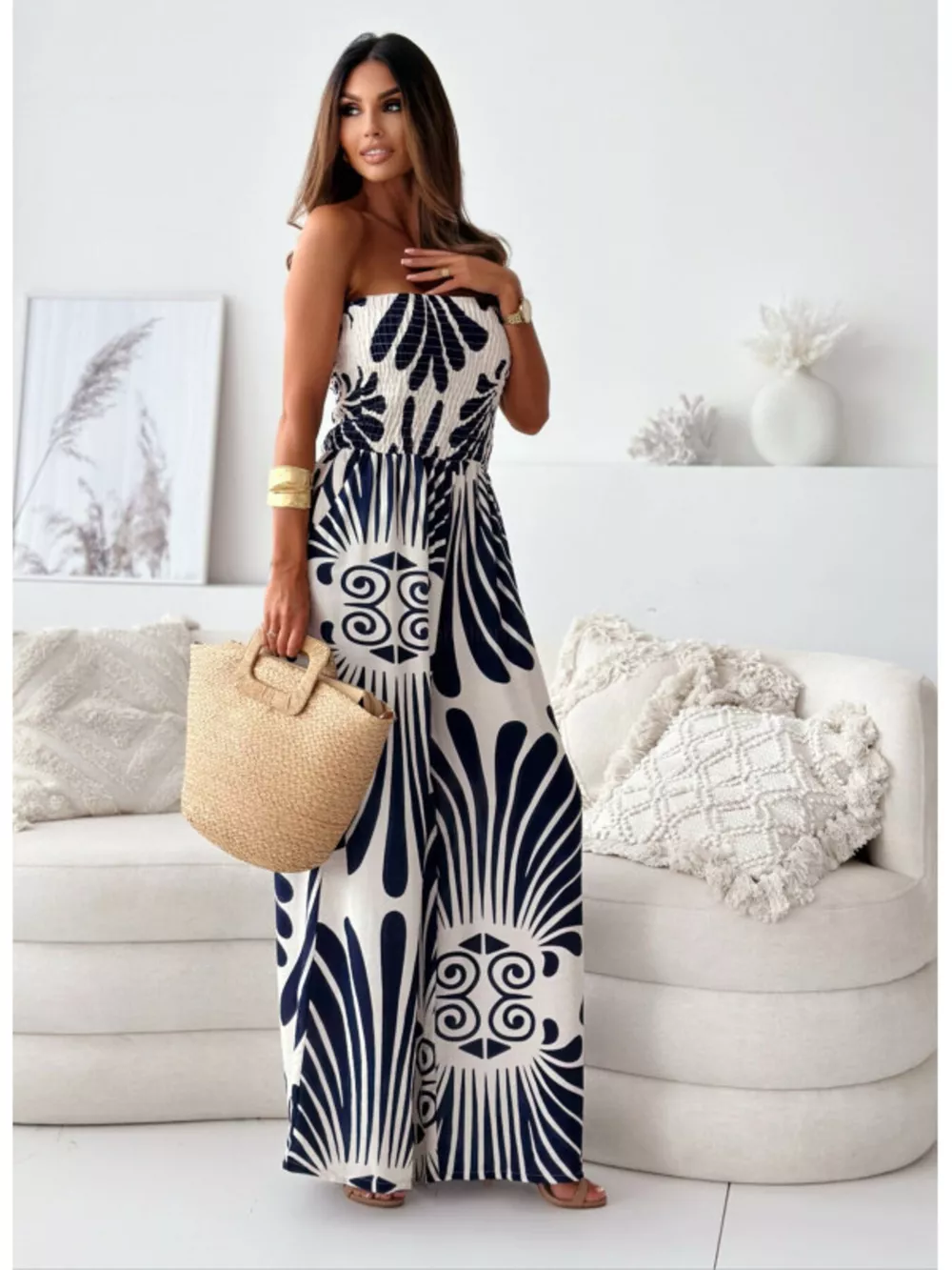 Printed Strapless Wide-Leg Jumpsuit