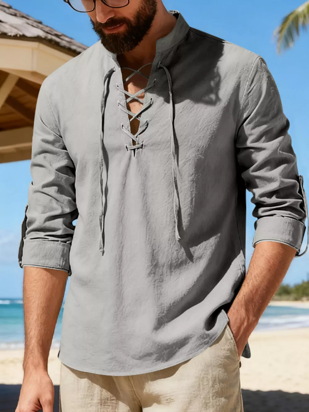 Men's Full Size Casual Lace-Up Linen Shirt Plus Size, image 14