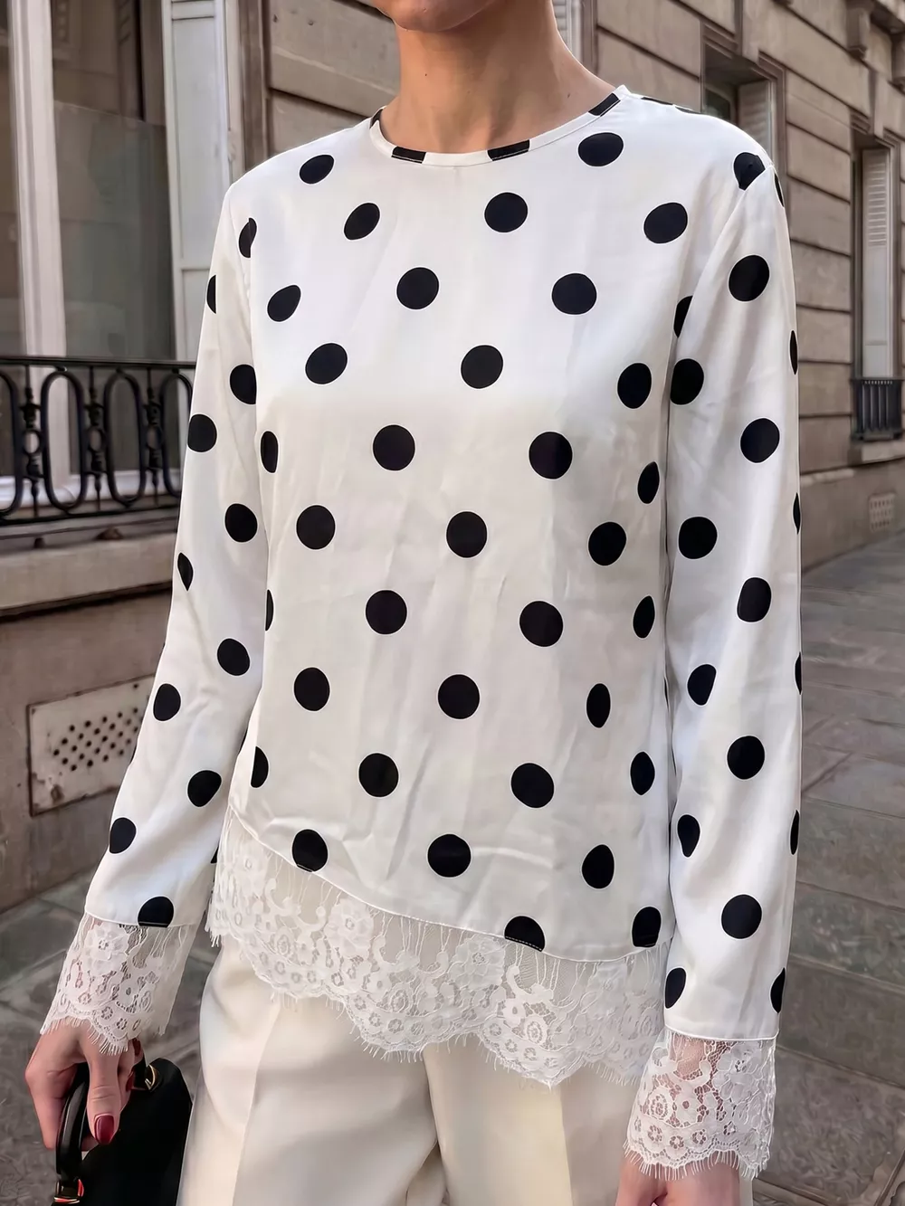 Polka Dot Satin Top with Lace Trim, image 4