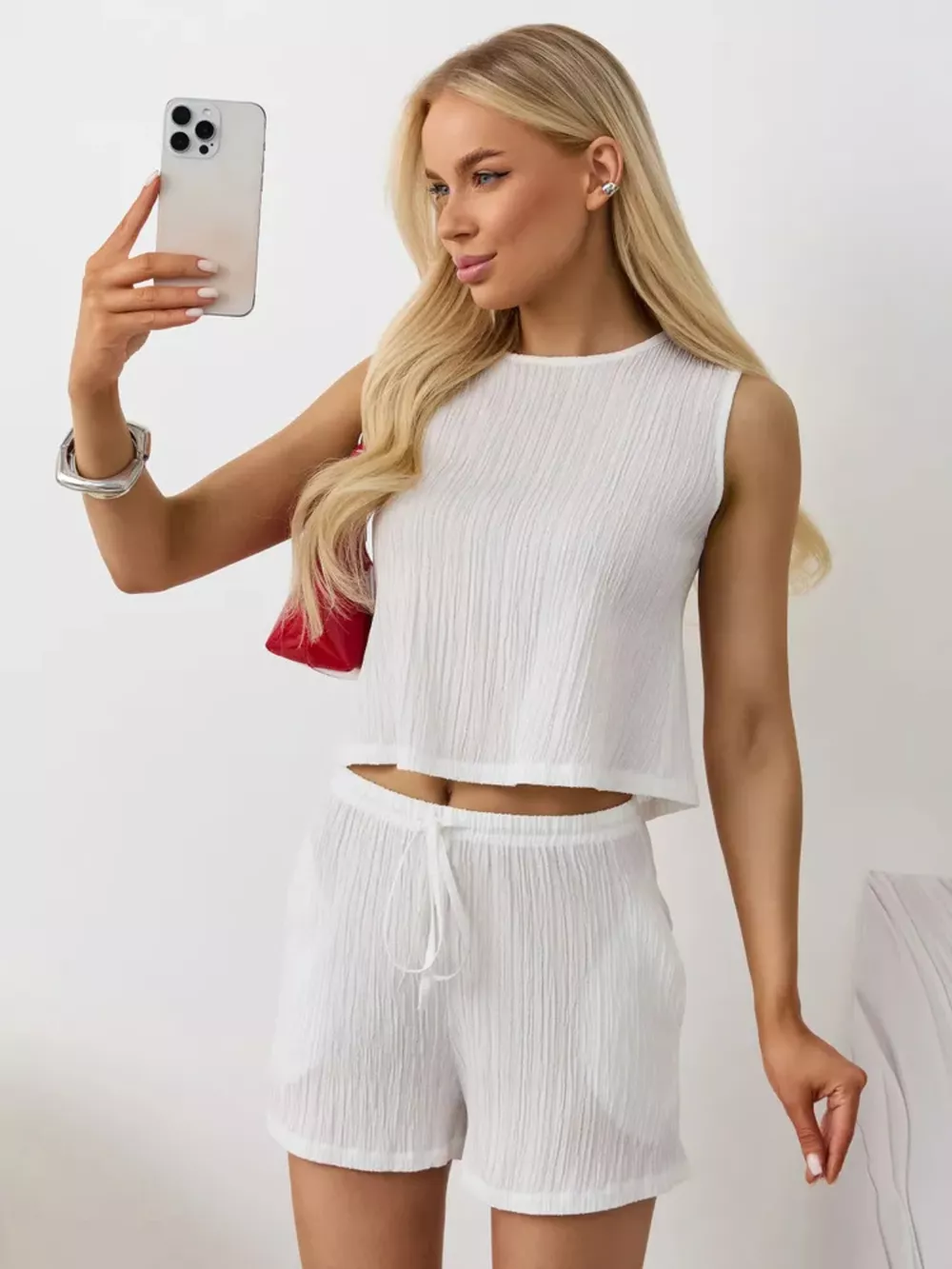 Textured Round Neck Tank and Shorts Set, image 4