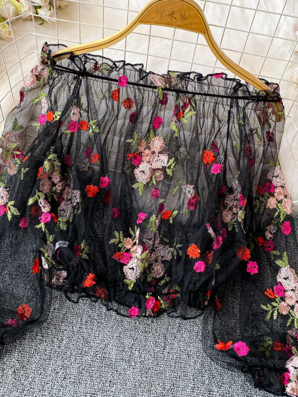 Floral Embroidered Mesh Off-Shoulder Top, image 3