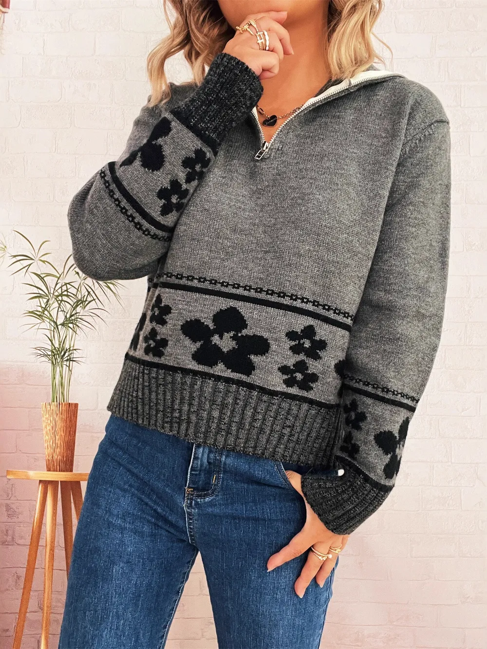 Flower Zip Collar Long Sleeve Sweater, image 13