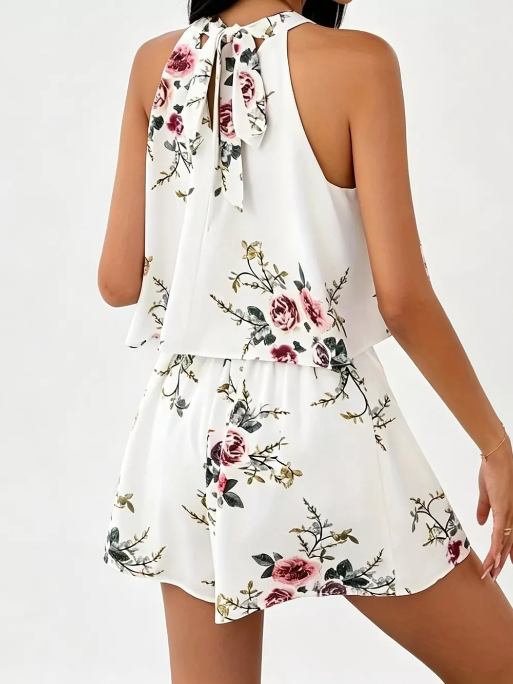 Full Size Floral Print Halter Neck Tank Top and Pleated Shorts Set Plus Size, image 4