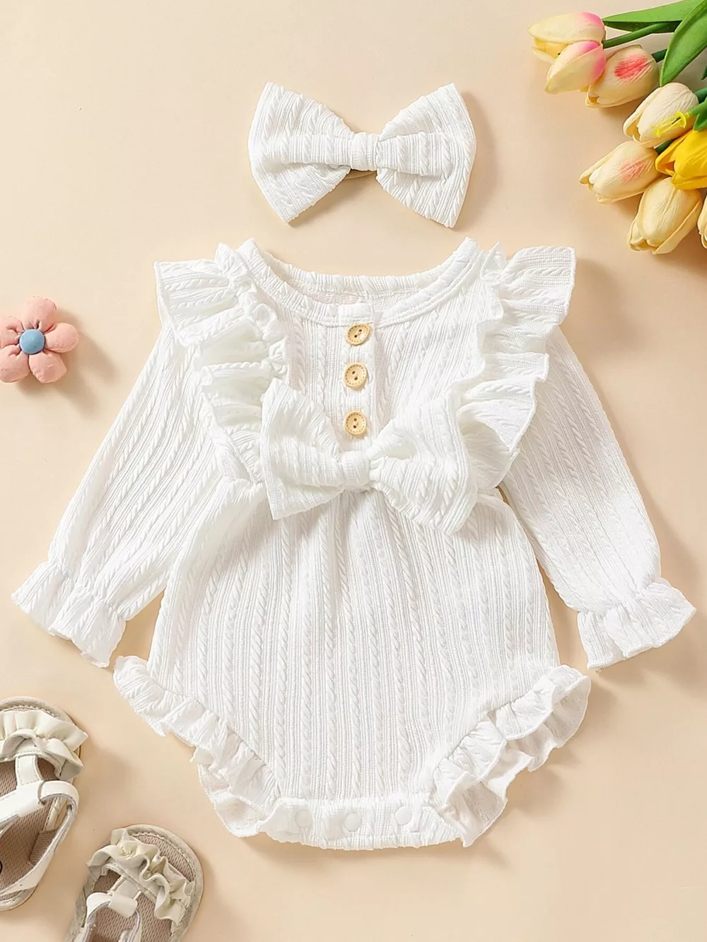 Children's Ruffled Long Sleeve One-Piece Bodysuit with Headband