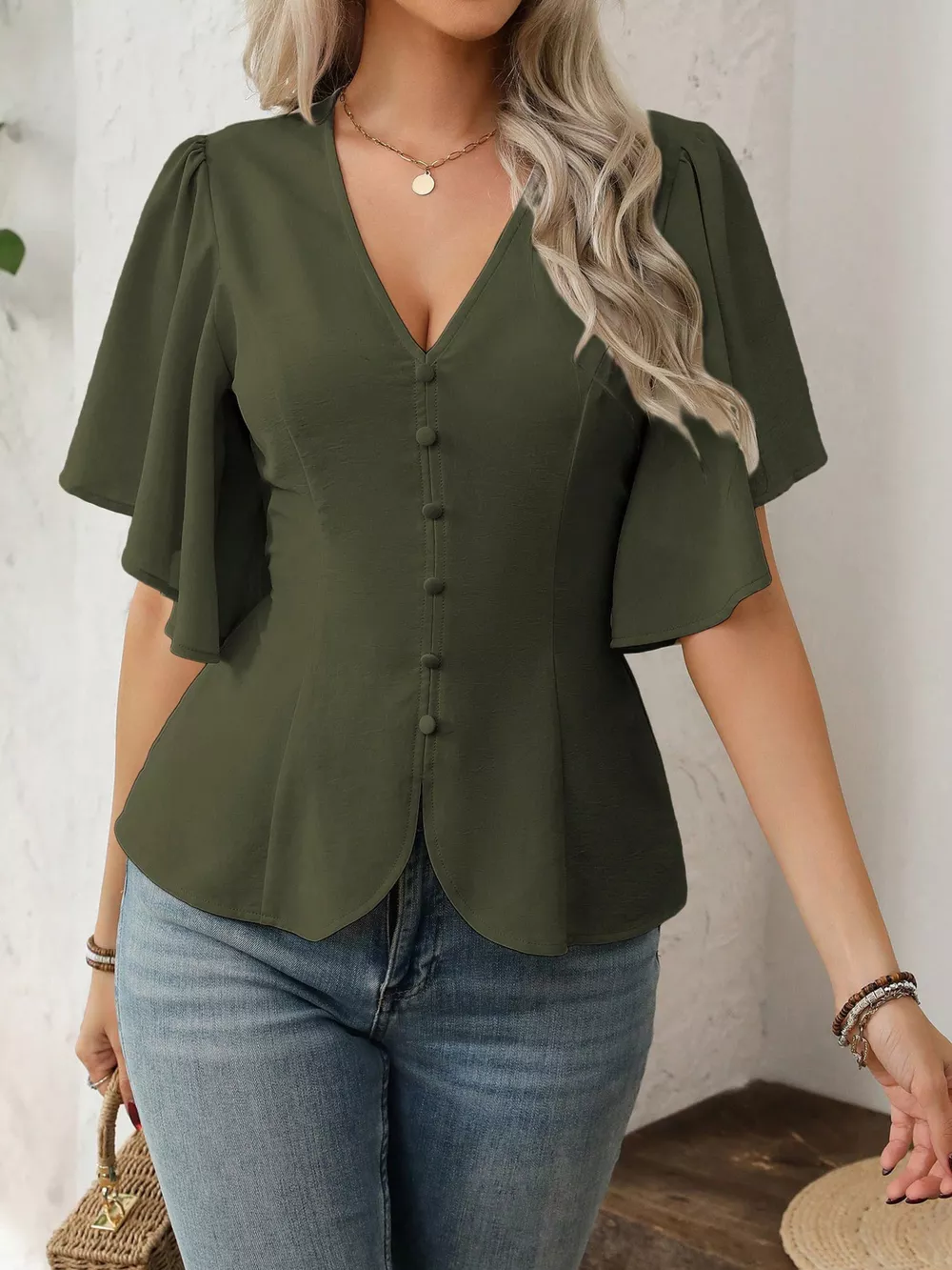 V-Neck Flutter Sleeve Blouse, image 19