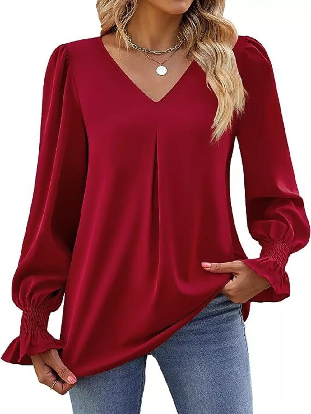 V-Neck Long Sleeve Ruffle Cuff Blouse, image 10