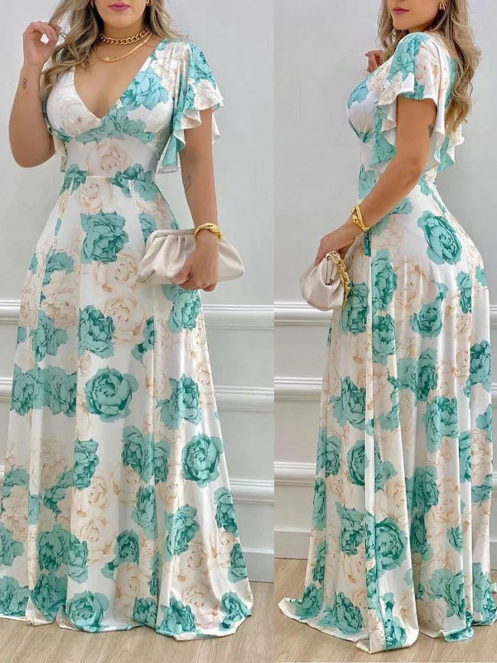 Floral Print V-Neck Ruffle Sleeve Maxi Dress, image 3