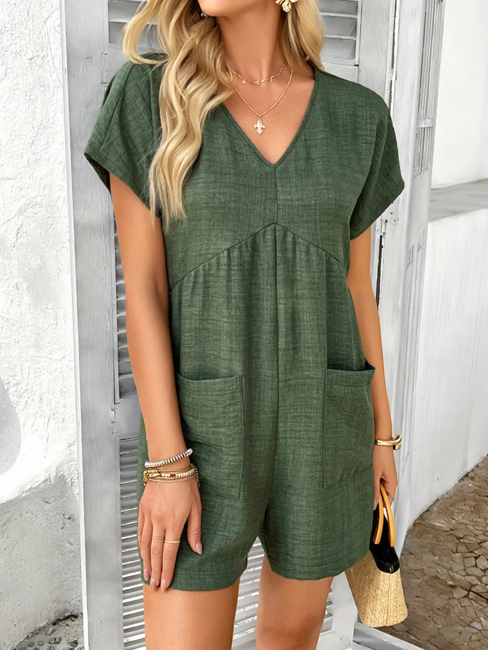 V-Neck Casual Short Sleeve Romper with Pockets, image 4