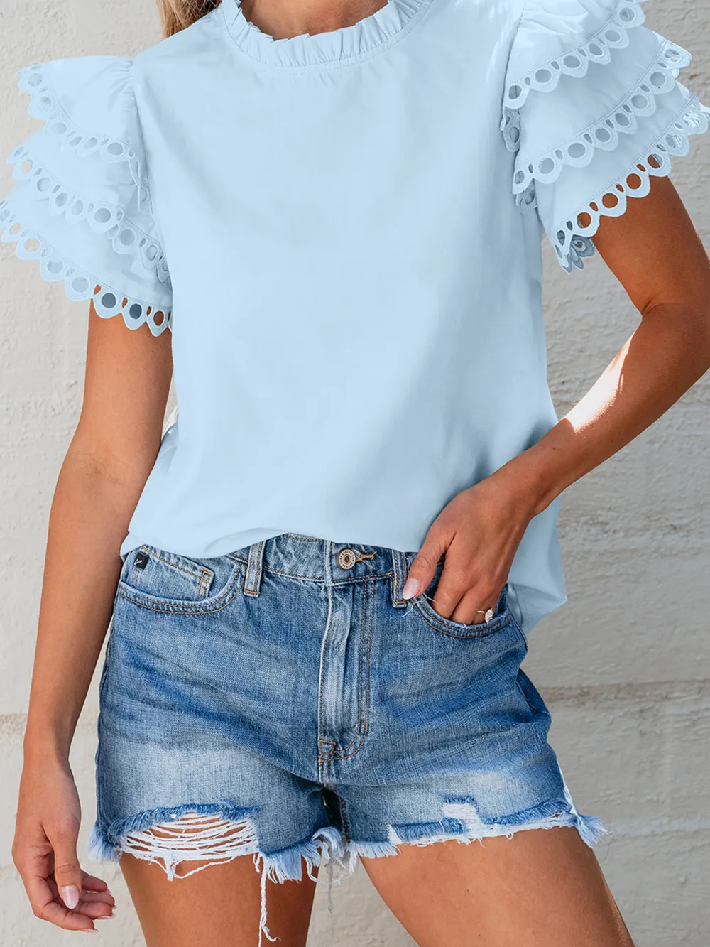 Layered Ric Rac Short Sleeve Filled Neck Blouse, image 8
