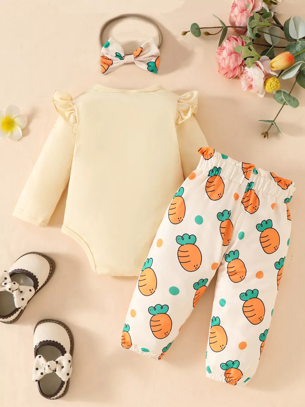 Children's Ruffled Long Sleeve Top and Carrot Print Pants Set with Headband, image 7