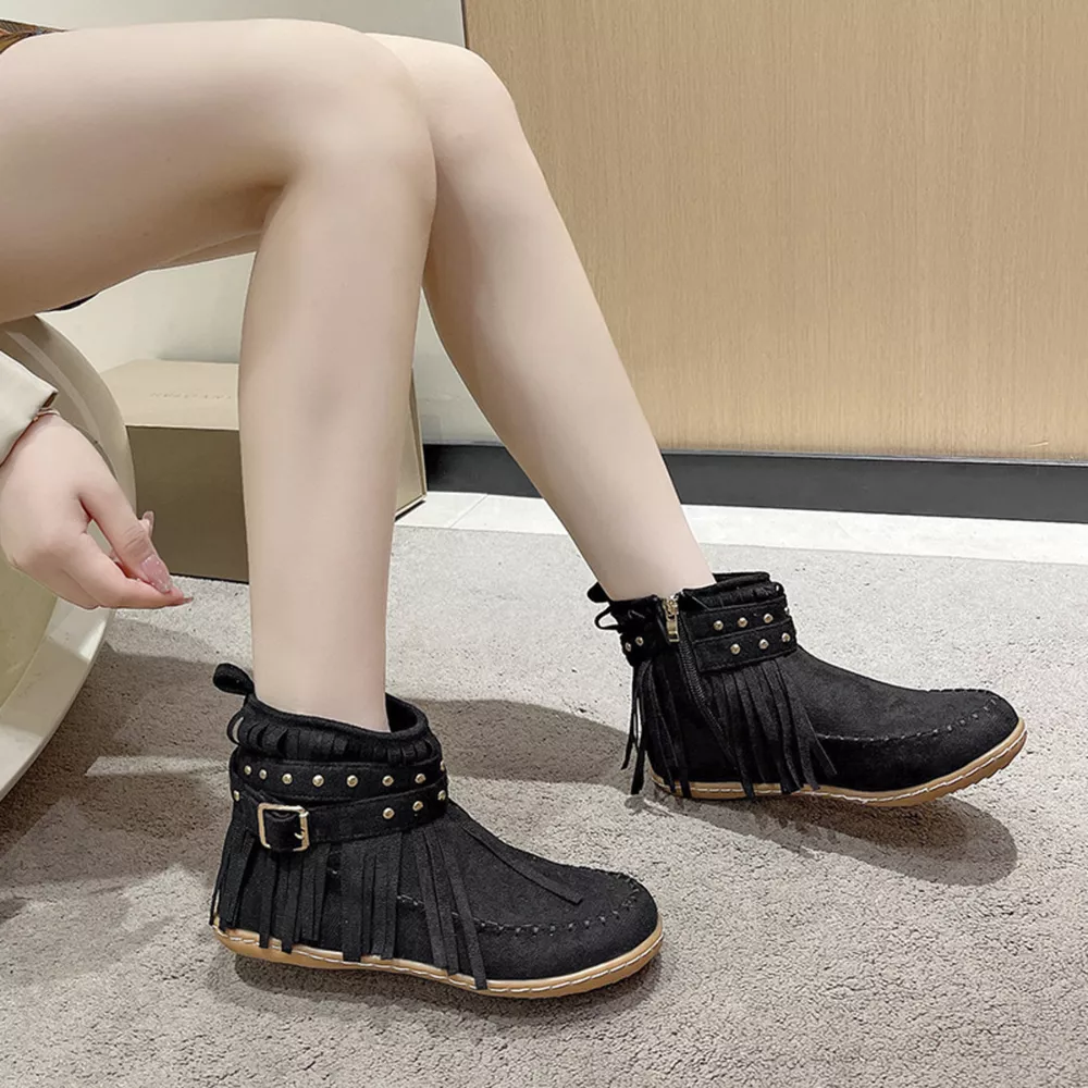 Fringe Round Toe Flats Boots
