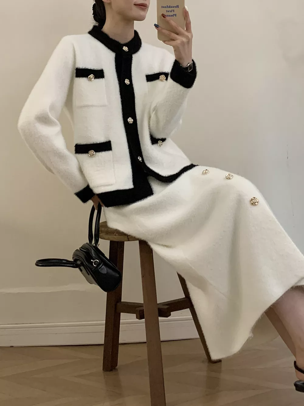 Contrast Trim Jacket and Skirts Sweater Set, image 4