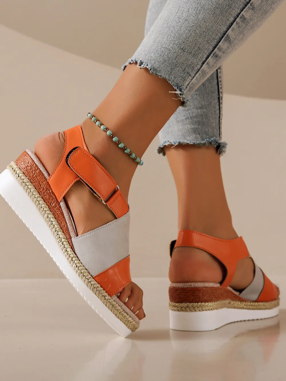 Color Block Platform Wedge Sandals with Ankle Strap, image 4