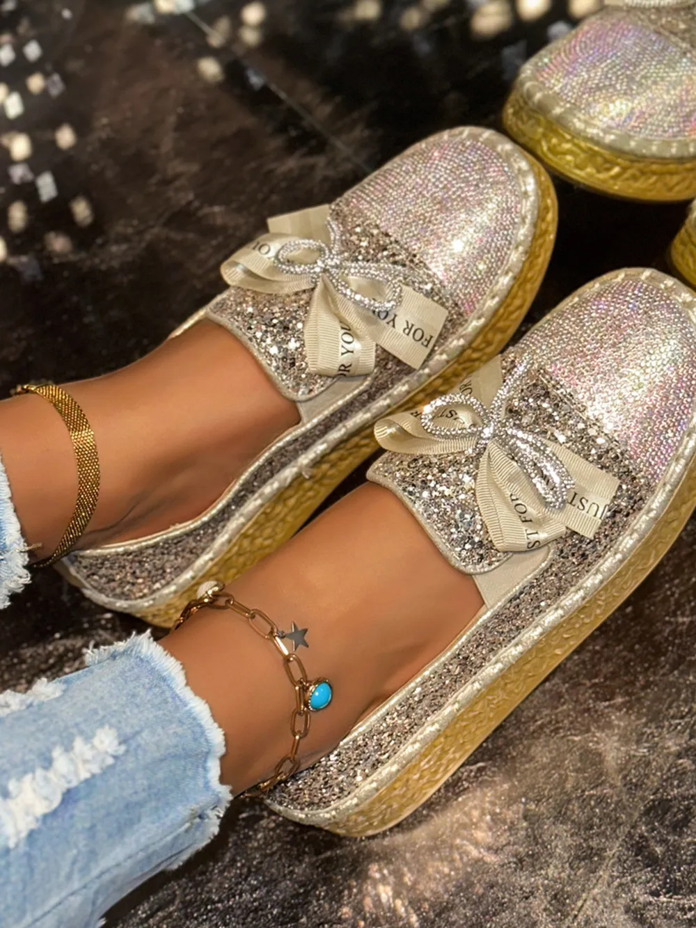 Rhinestone Bow Round Toe Slip-Ons, image 4