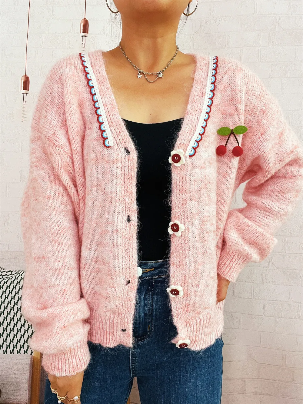 Cherry Button-Front Long Sleeve Cardigan, image 2