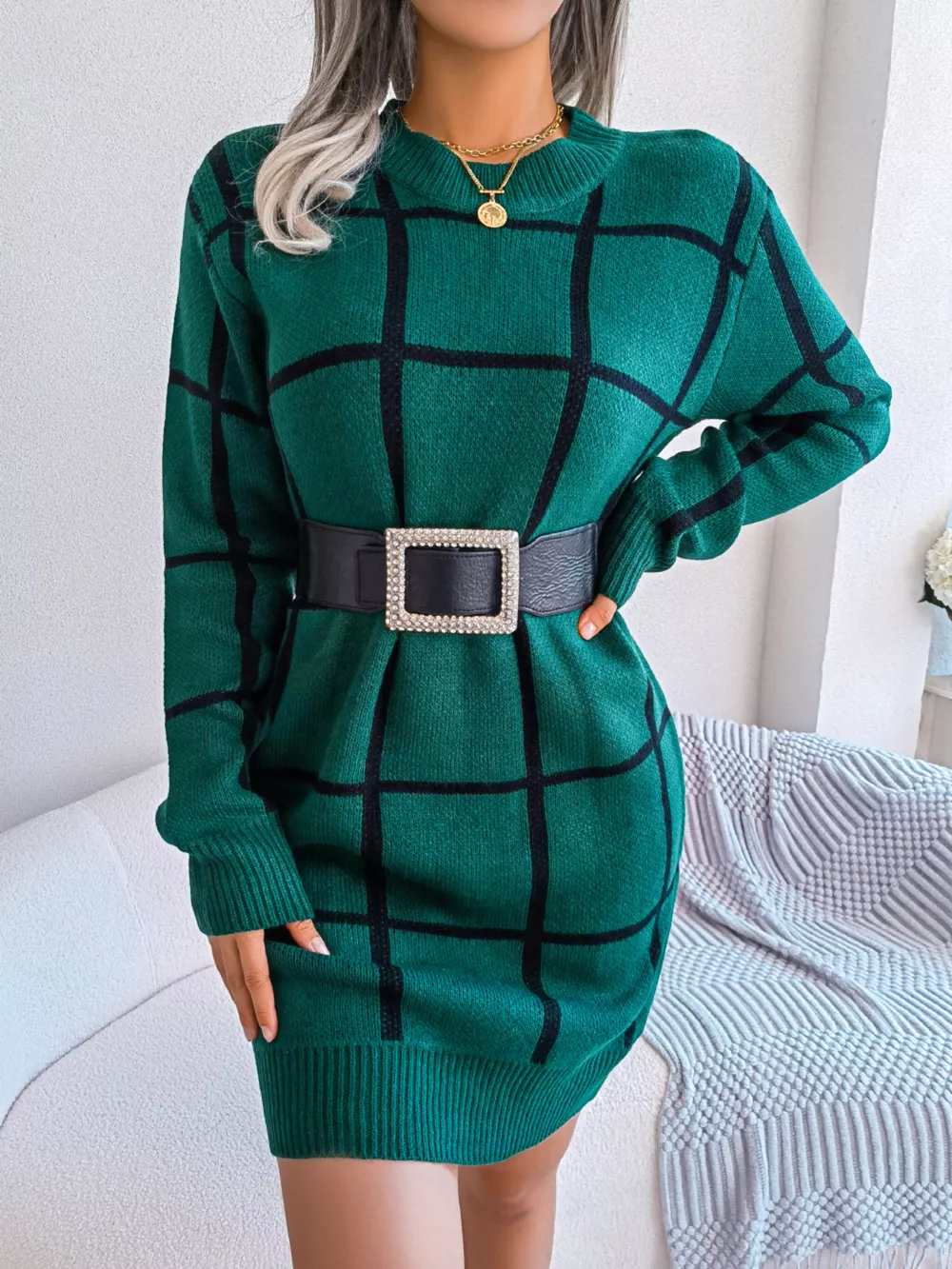 Plaid Pattern Long Sleeve Sweater Dress, image 6